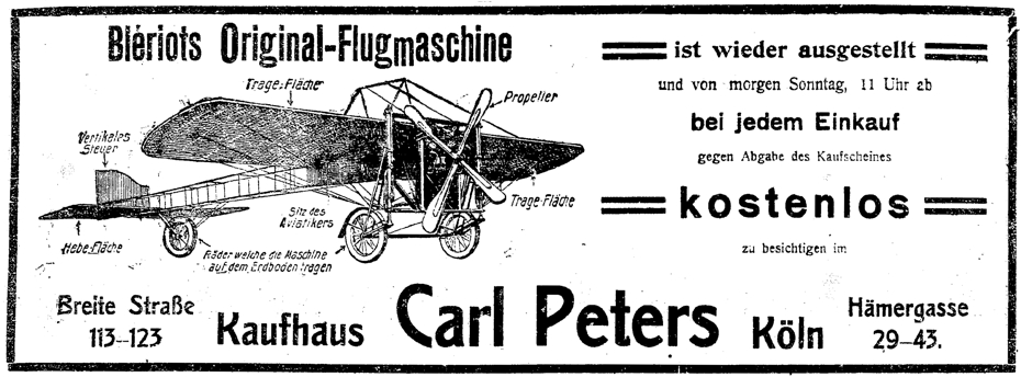 Werbeanzeige zur Ausstellung von Bleriots Flugmaschine im Kaufhaus Peters
