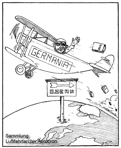 Karikatur von Gerhard Fieseler über Otto Könnecke und seinen Flug nach Amerika
