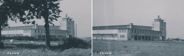 Fliegerhorst E11/VI Köln Butzweilerhof Bauplatz der Halle 2.Im Hintergrund Rückseite der Halle 1 und Turm der Luftaufsicht.