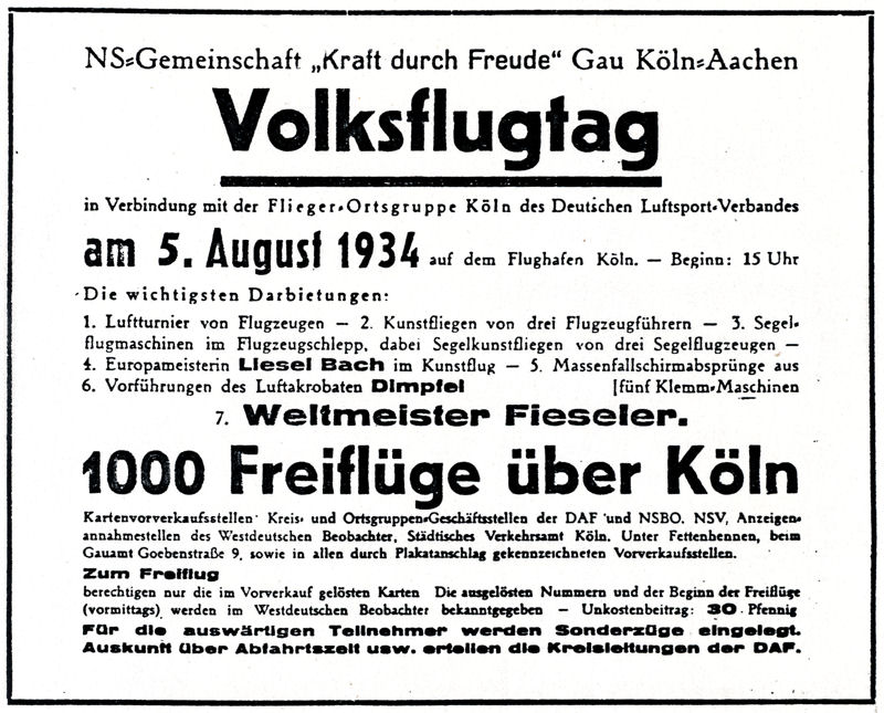 Anzeige zum Volksflugtag 1934