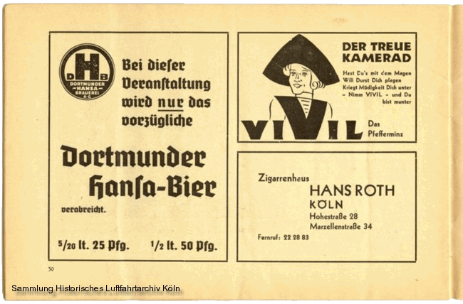 Volksflugtag 1935 Flughafen Köln Butzweilerhof Werbung Dortmunder Hansa-Bier Vivil Zigarrenhaus Roth