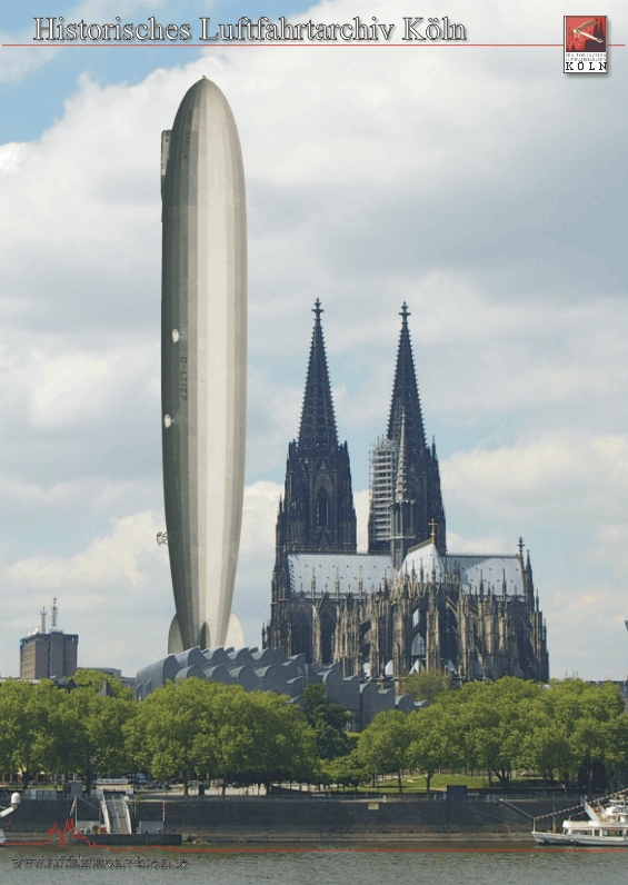 Fotomontage eines Größenvergleichs zwischen LZ 127 "Graf Zeppelin" und dem Kölner Dom. Eine ähnliche Dimension hatte auch LZ 129 "Hindenburg"
