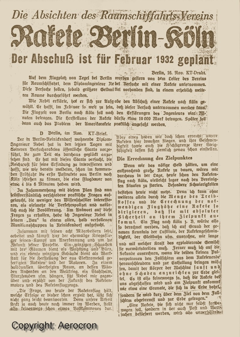 Zeitungsartikel die Postrakete von Berlin nach Köln