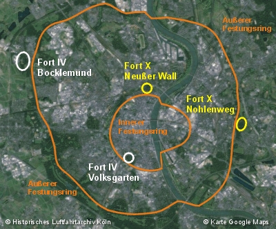 Lage der Kölner Forts im Inneren und Äußeren Festungsdienst die identische Nummern haben